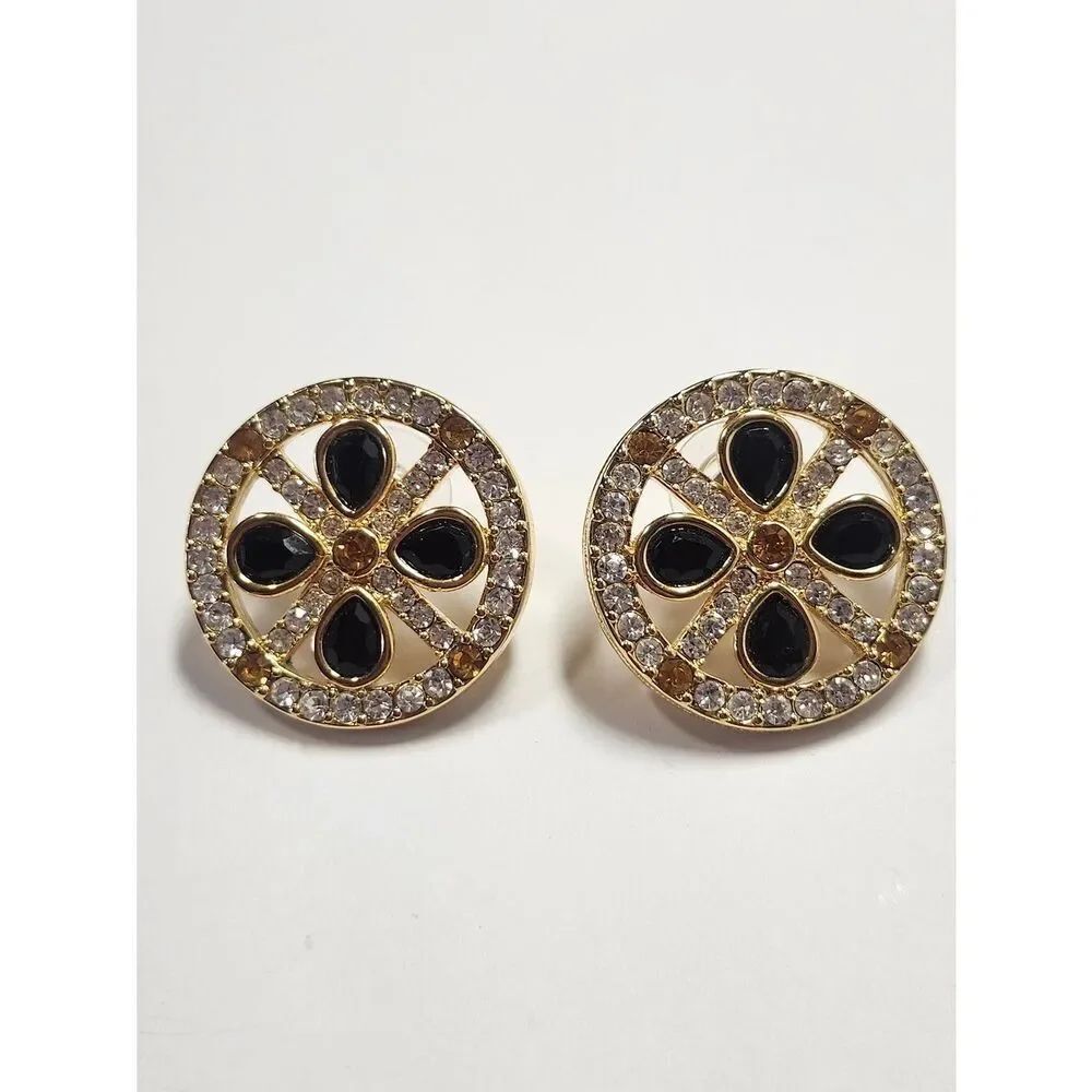 Vintage Designer Quality Gold  Black Crystal Floral Disc Earrings Women Jewelry